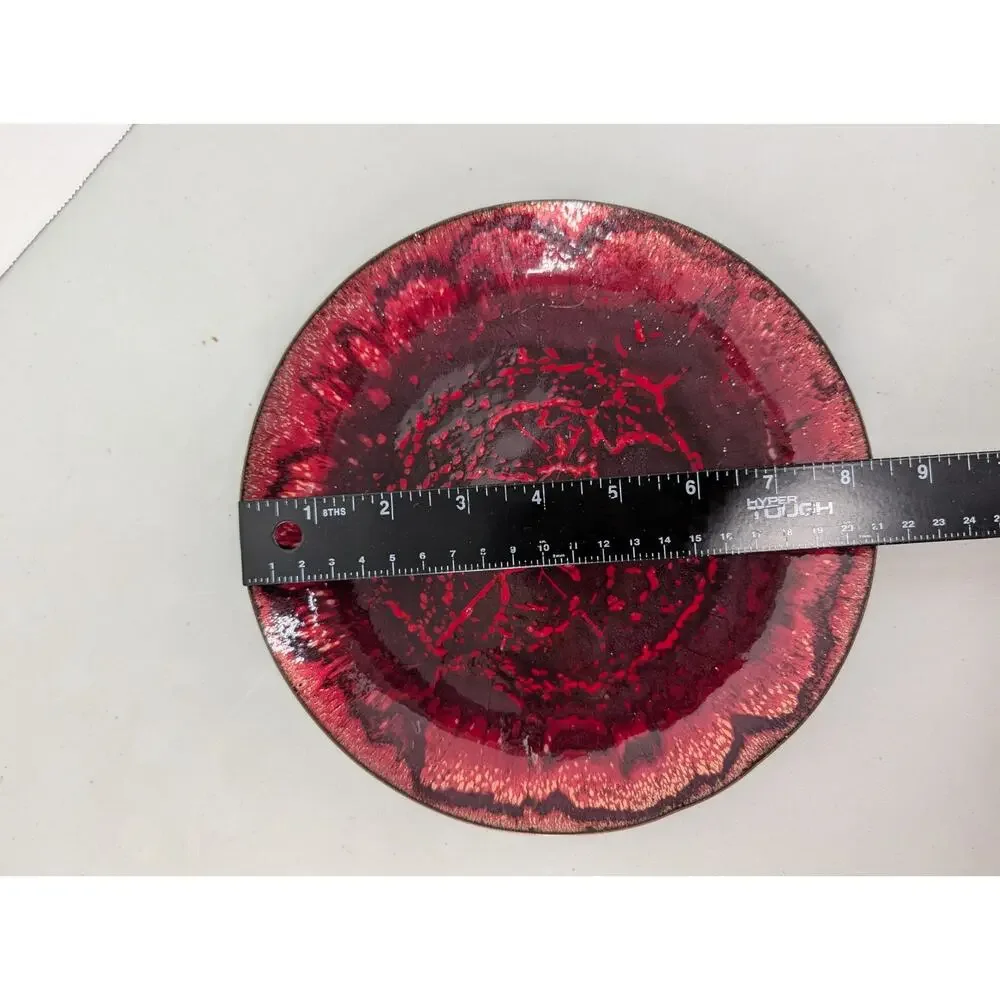 Vintage Enamel Copper Plate Dish Red Abstract Mid Century Modern Art Decor